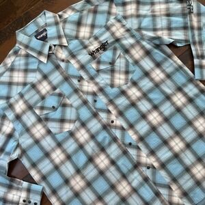 Wrangler Shirt Mens XL Blue Plaid Snap Front Western Embroidered Long Sleeve